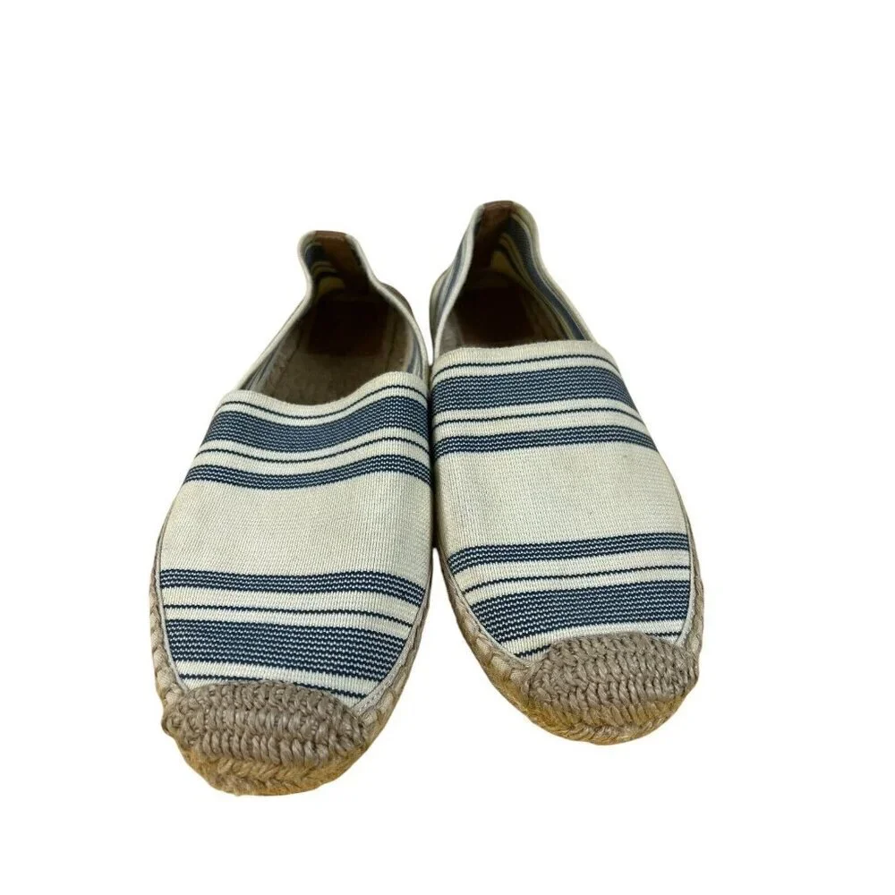 Tory Burch Beige Blue Striped Fabric‎ Espadrille Flat Slip-On Shoes 9.5 Designer